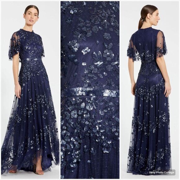 MAC DUGGAL 9192 Sequined High Neck Flutter Sleeve A Line Gown Blue 12 - Picture 1 of 15